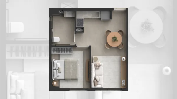 Planta do apartamento de 1 quarto do M. Manaíra